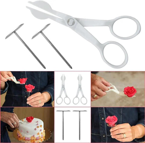 Rose-shaped cake decoration held with scissors from All In One Cake Decorating Starter Kit With Non Slip Turntable Leveler And 82 Piece Baking Gear Including Piping Tips Icing Bags Spatulas Scrapers Fondant Tools For Cupcakes And Cookies.