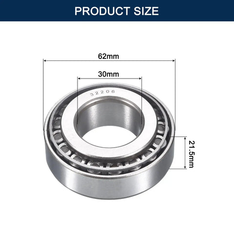 Two Pack 32206 Tapered Roller Bearing Cone And Cup Set, 30mm Bore, 62mm OD shown with measurements, Chrome Steel