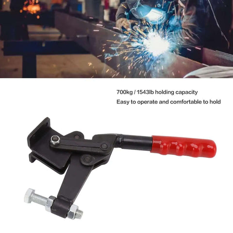 Built Tough Toggle Clamp In Carbon Steel, Heavy Duty 1543 Lb Capacity with red handle and 180 degree bar rotation