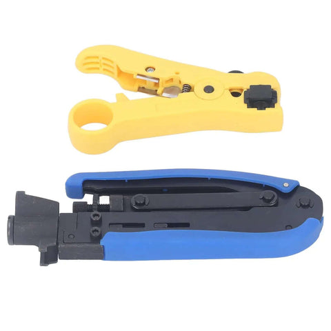 Pro Grade Coaxial Cable Crimp And Strip Kit with 10 RG6 F Connectors and Adjustable F Head, blue and yellow tools visible