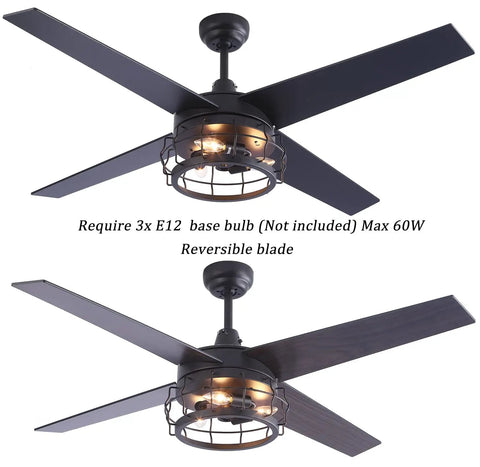 Dope Industrial Rustic 52 Inch Ceiling Fan With Light And Remote, Caged Farmhouse Style, Oil Rubbed Bronze Finish