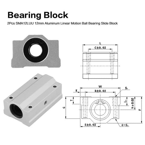 Heavy Duty 12Mm Linear Motion Ball Bearing Slide Block With Aluminum Housing And Flat Mount Base, showcasing CAD dimensions and designs.