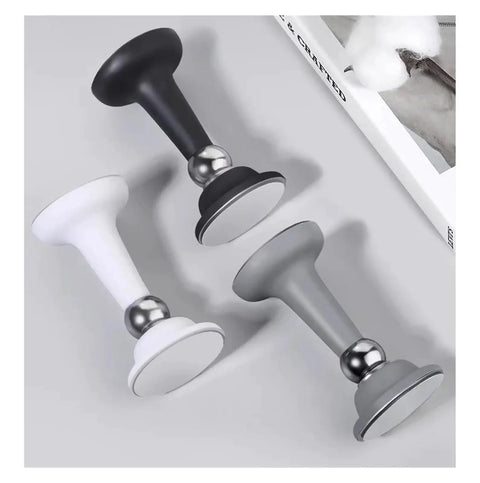 Ditch The Drill Grab This Gray Silicone Magnetic Door Stopper With Anti Collision Catch Holder shown in black, white, and gray colors.