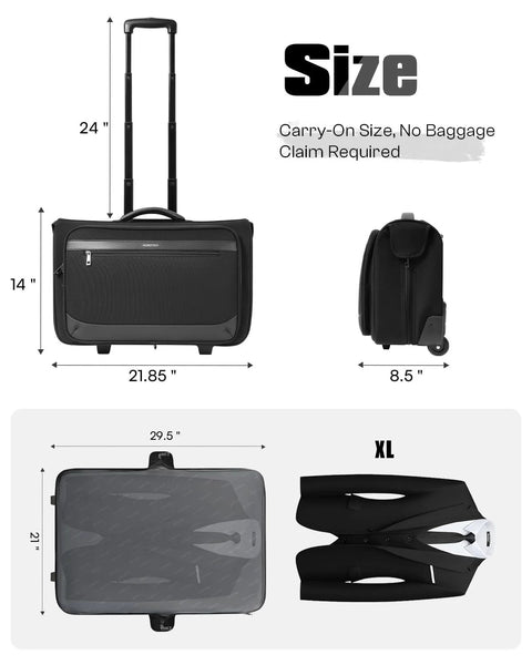 AUROTIER black rolling garment bag with built-in hanging feature, wheels, front zip pocket for travel