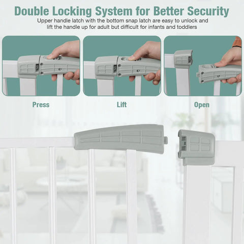 Double locking system on Extra Wide 57 To 59.8 Inch Baby Gate For Doorways And Stairs, Pressure Mount, Auto Close With Hold Open