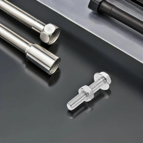 Close-up of Beefy Heavy Duty Stainless Steel Hex Socket Cap Screws And Nut Set M6x30 with washers, outdoor hardware kit