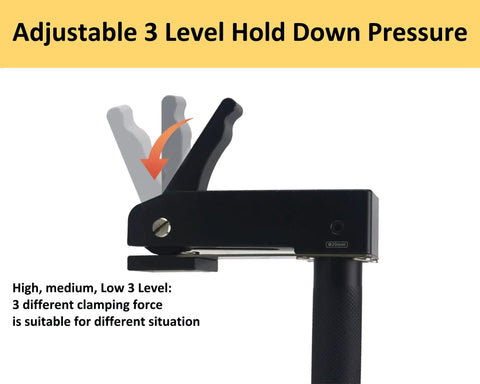 Rock Solid 3/4 Inch MFT Bench Holdfast Woodworking Clamp showing adjustable pressure levels for secure clamping.