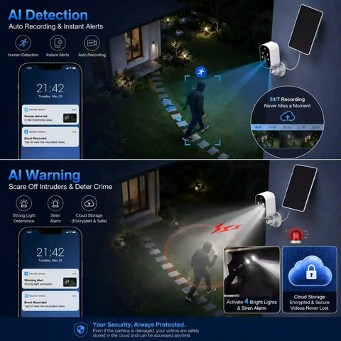 Two Pack 2K Wireless Solar Security Cameras with motion tracking, night vision, and AI detection for property monitoring.