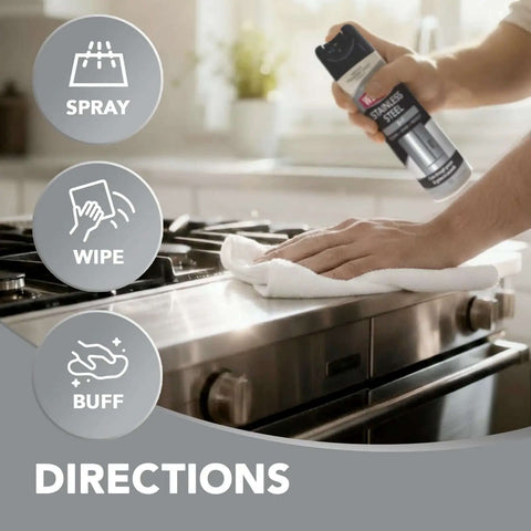 Using Stainless Steel Cleaner and Polish Spray Aerosol 2 Pack for Appliances, Chrome, and Sinks on a stove.