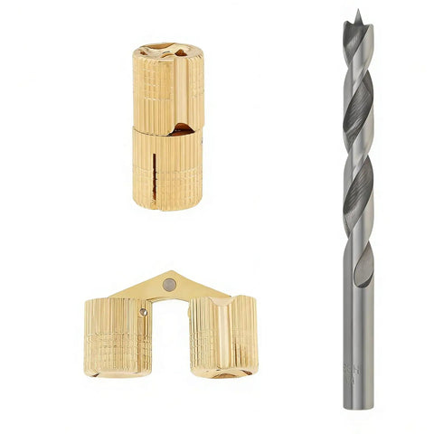 Brass Cabinet Hinges Set With Drill Bit For Easy Hidden Mounting, 10mm Barrel, 180 Degree Opening, Invisible Mount shown