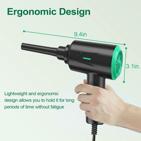 Hand holding Electric Air Duster Blower With Two Speed Settings And Four Brush Attachments For Electronics Cleaning, ergonomic design