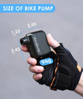 Hand holding Pocket Sized Electric Bike Pump With 100 PSI, Ultra Portable Road Bike Tire Inflator, showing dimensions and weight