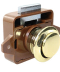 No Sweat Keyless Push Button Door Catch Lock With Smooth Operation For Rv Cabinets Boat Drawers Yacht Cupboards And Motorhome Storage Brown Gold Finish close-up of latch