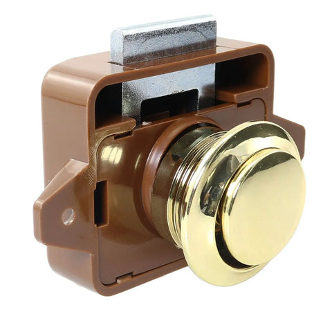 No Sweat Keyless Push Button Door Catch Lock With Smooth Operation For Rv Cabinets Boat Drawers Yacht Cupboards And Motorhome Storage Brown Gold Finish close-up of latch