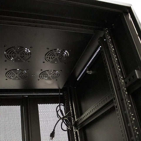 Heavy Duty Zero Hassle Rolling Server Cabinet With Smooth Casters And Wide Swing Doors 27U 19 Inch Mobile Equipment Rack Black interior view with cooling fans