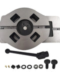 Real Deal Heavy Duty Milling Vise With 4 Inch Swivel Base And Wide Jaws Built Tough From Grade Gray Cast Iron For Precision Milling Drilling And Shaping Work Around The Shop on a workbench with tooling.