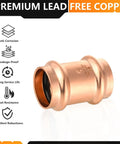 Heavy Duty 20 Pack 2x2 Lead Free Copper Press Couplings With Stop Built Tough For No Sweat Plumbing Installations On Type M L K Tubes And Clean Potable Water Runs, showing a single copper coupling with anti-corrosion features.