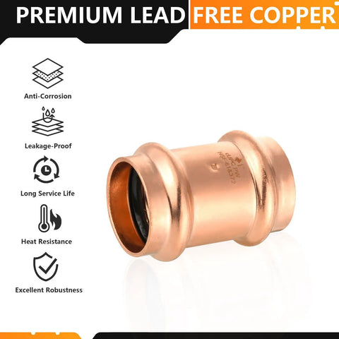 Heavy Duty 20 Pack 2x2 Lead Free Copper Press Couplings With Stop Built Tough For No Sweat Plumbing Installations On Type M L K Tubes And Clean Potable Water Runs, showing a single copper coupling with anti-corrosion features.