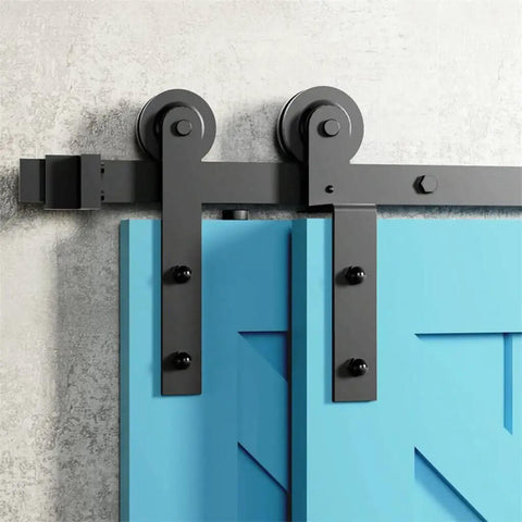 Bypass Sliding Barn Door Hardware Kit With Bent Track And Hanger System Anti Jump Rollers Easy Install Black Finish on blue door
