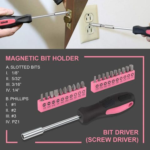 39 Piece Portable Car And Home Emergency Tool Kit with pink magnetic bit holder, screwdriver bits, used for DIY repairs