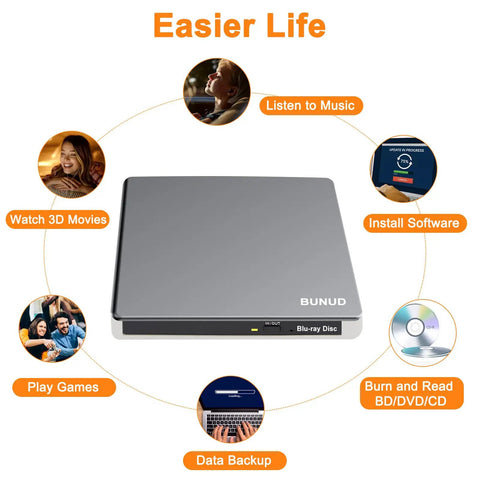 Five In One External Blu Ray Drive With USB 3.0 And USB Type C Portable Slim Blu Ray Burner BD Player Read Write Plug And Play For Laptop PC Windows 11 MacBook Pro Air Linux OS CD DVD Blu Ray Optical Drive, grey slim drive