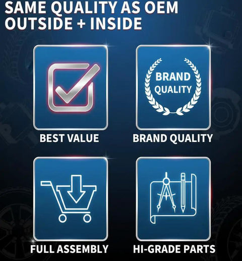Graphic illustrating OEM quality, best value, brand quality, full assembly, and hi-grade parts.