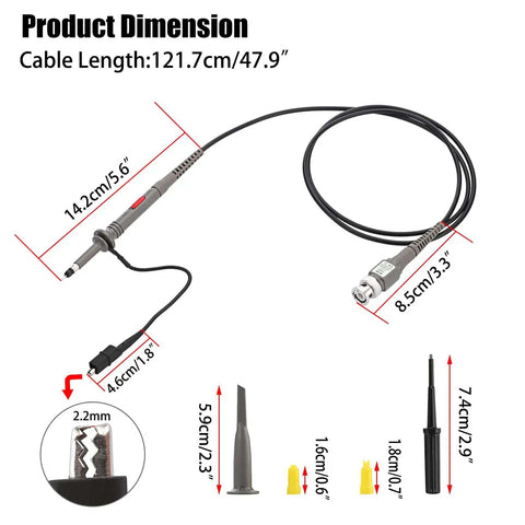 Product Dimensions of Four Pack 100 MHz 600V DC High Sensitivity Oscilloscope Clip Probe With Switchable Ten To One And One To One