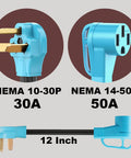 Tesla Compatible NEMA 10-30P To 14-50R EV Charger Adapter Cord For Level 2 Charging, detailed plug view, 12 inch length.