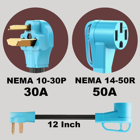 Tesla Compatible NEMA 10-30P To 14-50R EV Charger Adapter Cord For Level 2 Charging, detailed plug view, 12 inch length.
