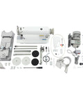 6500RPM Industrial Sewing Machine With 550W Pure Copper Motor 110V Heavy Duty Leather Upholstery Sewing Machine For Pros And DIYers Tailors Alteration Shops Foot Pedal Included, dismantled components and accessories, white background.