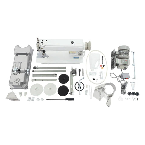 6500RPM Industrial Sewing Machine With 550W Pure Copper Motor 110V Heavy Duty Leather Upholstery Sewing Machine For Pros And DIYers Tailors Alteration Shops Foot Pedal Included, dismantled components and accessories, white background.