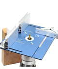 Top Shelf Aluminum Router Table Insert Plate Featuring Crisp Measurement Scale Heavy Duty Woodworking Trimming Flip Board on workbench.