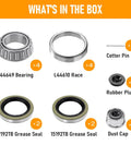 Heavy Duty Double Pack Trailer Wheel Bearing Kits Featuring L44649 L44610 Parts including seals, bearings, cotter pins, and dust caps.
