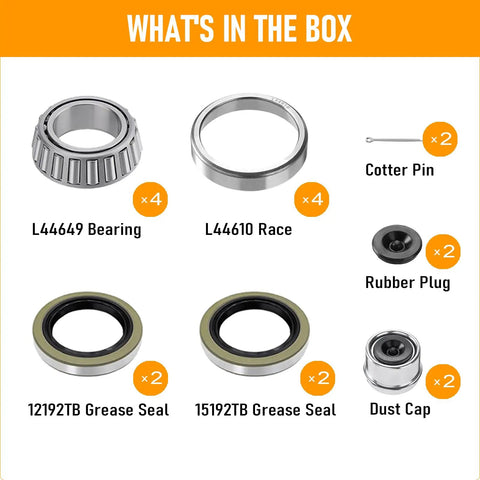 Heavy Duty Double Pack Trailer Wheel Bearing Kits Featuring L44649 L44610 Parts including seals, bearings, cotter pins, and dust caps.