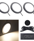 Under Cabinet Puck Lights Kit 3 Pack Surface Mount 3.94 Inch 12V 2.5W Each Total 7.5W With Wireless Dimmer Switch Ultra Thin 8mm Round Black