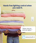 Person holding towels with Decora Smart Voice Dimmer Switch With Alexa Built In, WiFi Enabled on wall, voice command shown.