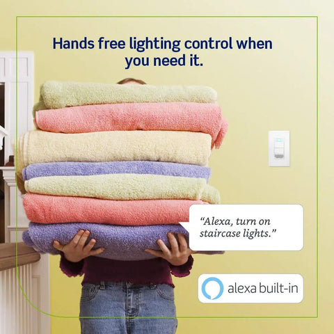 Person holding towels with Decora Smart Voice Dimmer Switch With Alexa Built In, WiFi Enabled on wall, voice command shown.