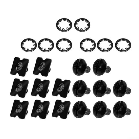 Get This Super Cool Set Of 25 Football Backplate Screws Perfect For Quick Repairs With Anti Loosening Design Nuts And Internal Locking Bushings Included In A Handy Storage Box For Any Athlete Needing Durable Gear Upgrades., black metal football backplate screws and anti-loosening nuts laid out