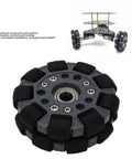 Uxsiya 100mm omni-directional robot wheel with center bearing; close-up view of black segmented rollers