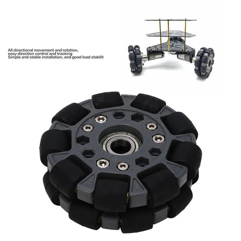 Uxsiya 100mm omni-directional robot wheel with center bearing; close-up view of black segmented rollers