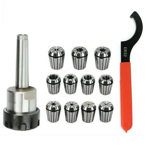 11 Piece ER32 Collet Set With MT2 Shank For Milling Machines Pro Grade Precision 0.0005 Tolerance Hardened Alloy Spanner Kit