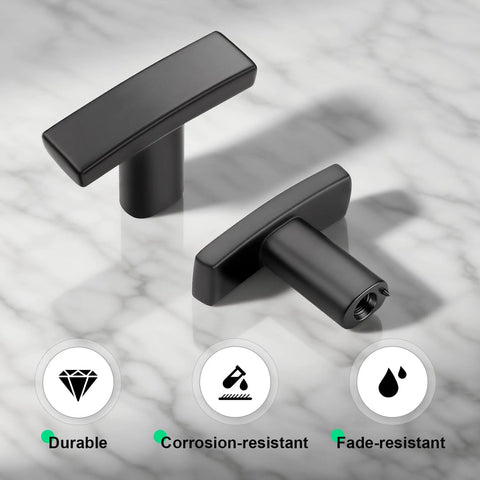 Matte Black Zinc Alloy Cabinet Handles 10 Pack Single Hole T Bar Drawer Pulls For Kitchen And Bathroom Cabinets on marble surface
