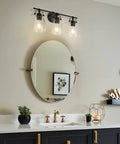 Dope 3-Light Modern Black Vanity Light Fixture With Seeded Glass Shade And Metal Base, 21 Inch mounted above bathroom mirror