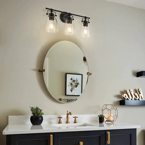 Dope 3-Light Modern Black Vanity Light Fixture With Seeded Glass Shade And Metal Base, 21 Inch mounted above bathroom mirror