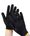 Daily Grind Gear Twelve Pair Pack Of Flexible Polyester Knit Work Gloves Featuring Sturdy Black And Yellow Trim for light tasks.