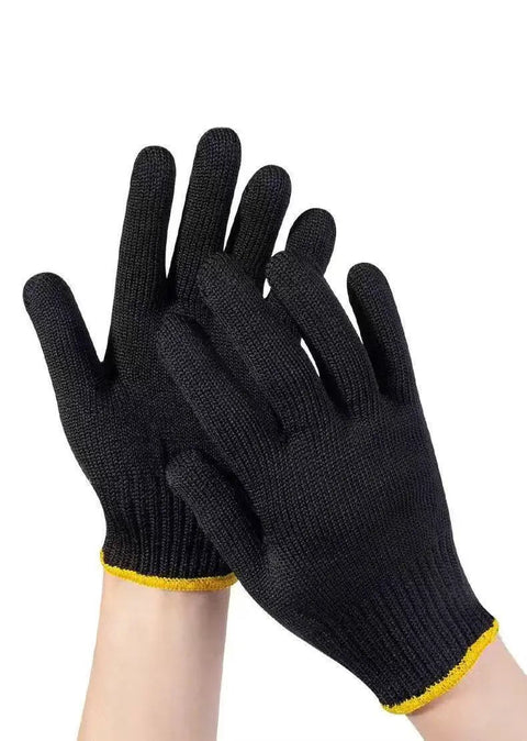 Daily Grind Gear Twelve Pair Pack Of Flexible Polyester Knit Work Gloves Featuring Sturdy Black And Yellow Trim for light tasks.