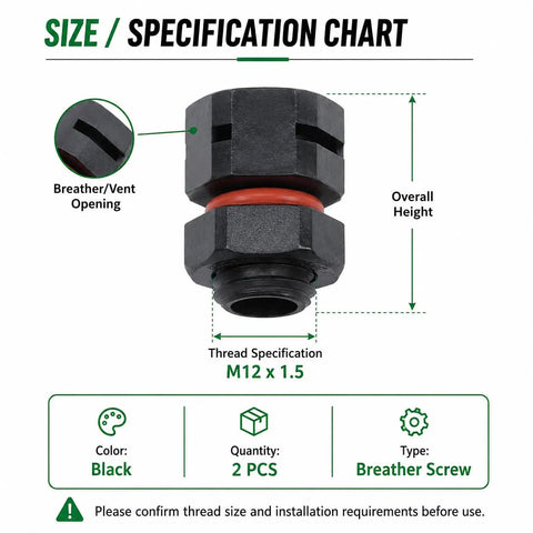 Must-Have IP68 Breather Screws M12x1.5 for Electrical Cabinets, dual port air vent, black finish, size chart included