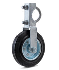Gate Support Wheel For Metal Tube Gates Six Inch Heavy Duty Farm Caster For Swing Chain Link Fence Frames One Five Eighths To Two Inches Fits Keeps Gate From Sagging And Makes Opening And Closing Smooth. Shown with metal bracket and black tire.