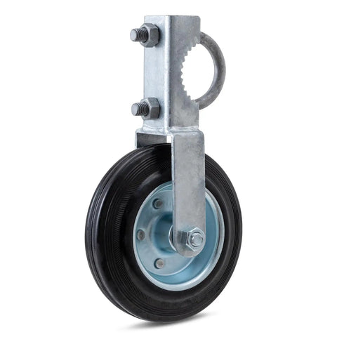 Gate Support Wheel For Metal Tube Gates Six Inch Heavy Duty Farm Caster For Swing Chain Link Fence Frames One Five Eighths To Two Inches Fits Keeps Gate From Sagging And Makes Opening And Closing Smooth. Shown with metal bracket and black tire.