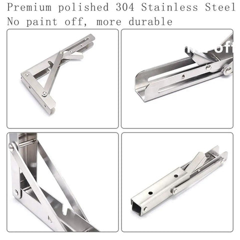 Close up of 12 Inch Folding Shelf Brackets 2 Pack Stainless Steel Built Tough L Brackets in open position, showcasing durability.